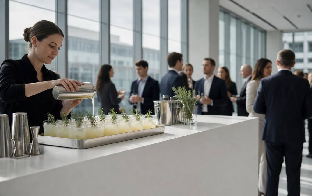 Full bar build set for a corporate event with glassware and garnish stations