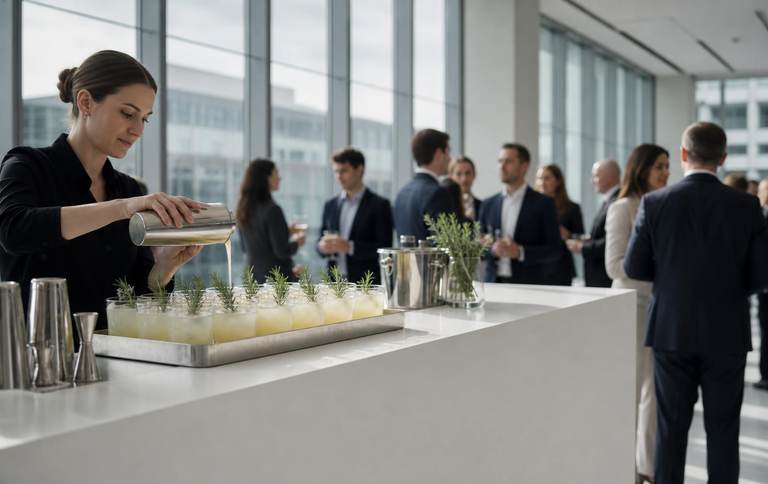 Corporate event bar in a glass-walled office atrium
