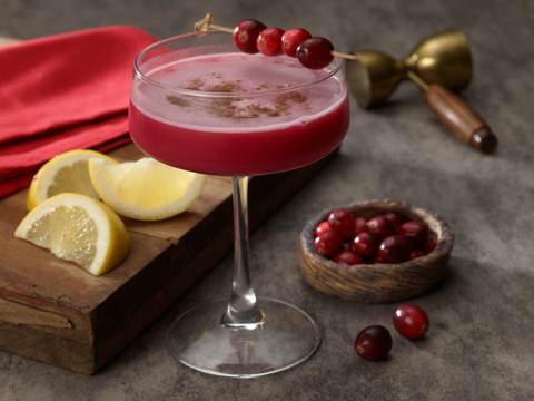 Zero proof cranberry cooler in a coupe with a cranberry pick and fresh lemon wheels