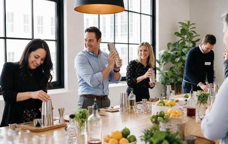 Group of professionals shaking cocktails at a hands-on mixology class
