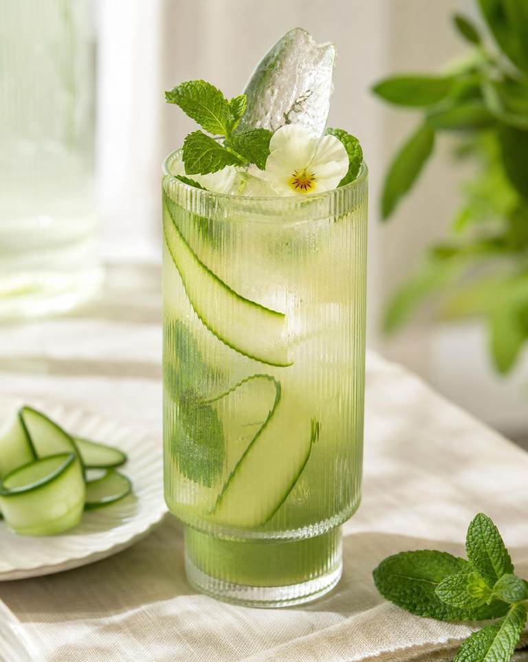 Artisan mocktail with cucumber ribbon and edible flower