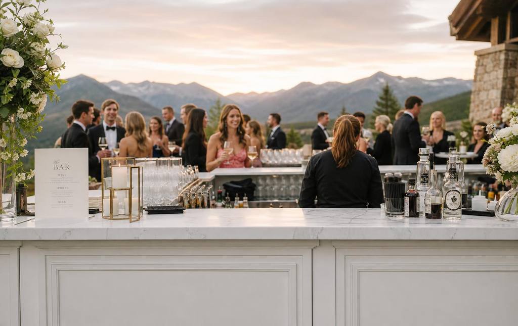 Wedding bar at sunset with white florals and a Colorado mountain backdrop