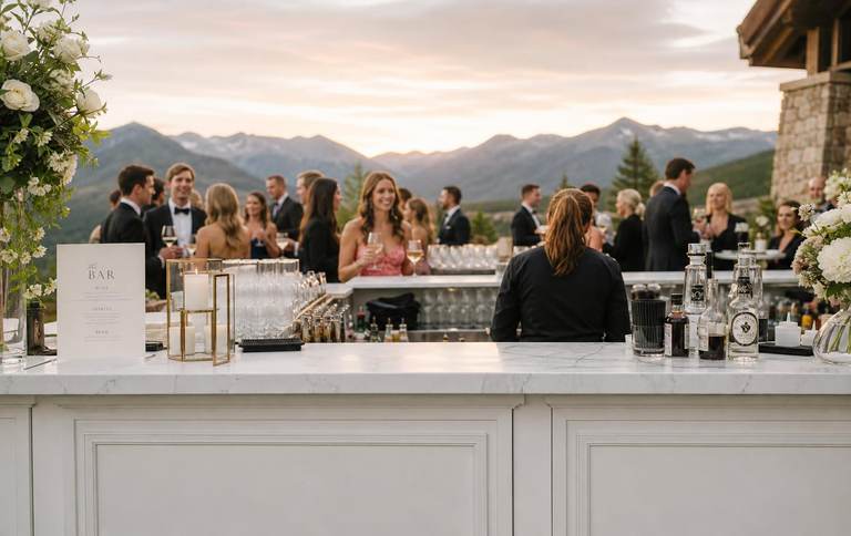 Wedding bar at sunset with Colorado mountain backdrop