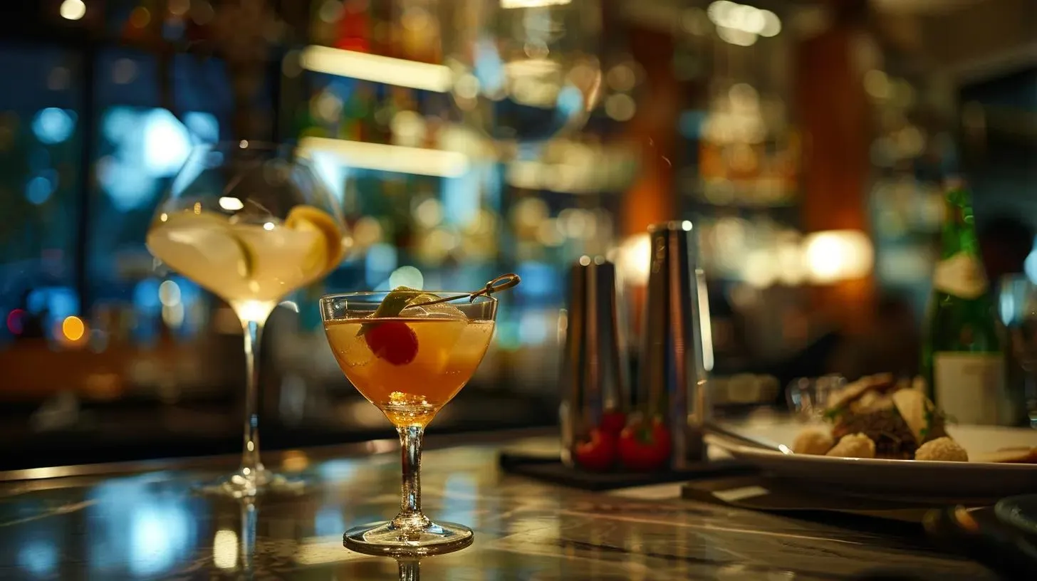 Cocktail glasses on a bar, one with olives and cherry, blurred background of a bar.