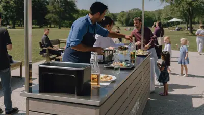 Outdoor bar station at a company family day with guests and children nearby