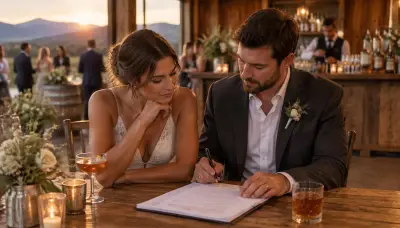 Couple reviews a printed contract at a wooden table with a warm wedding bar setup blurred in the background