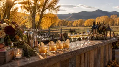 Fall wedding bar on a farm near Fort Collins with apple garnished cocktails, golden cottonwoods, and foothills at sunset